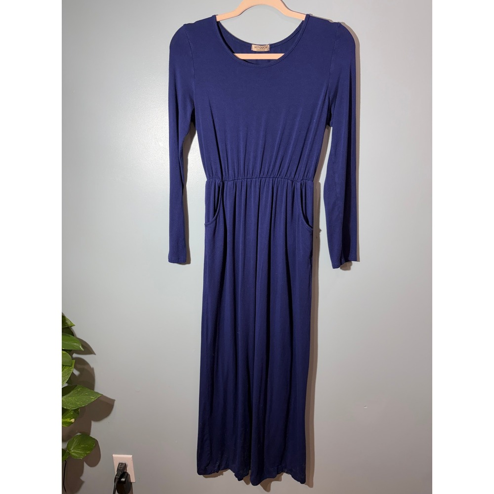 Hotouch Womens Navy Blue Long Sleeve Maxi Dress Elastic Waist Pockets Size S